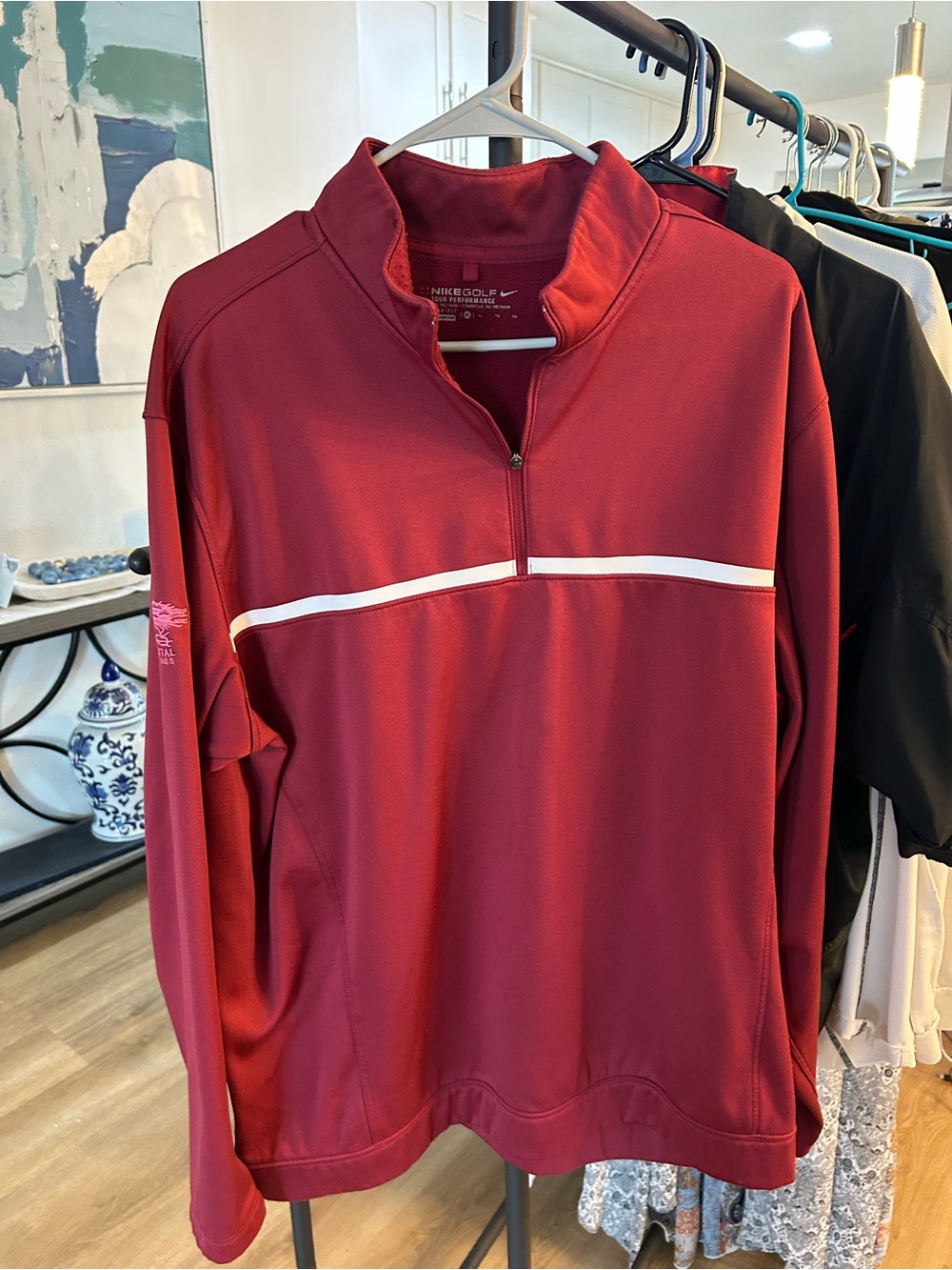 Nike Men's Burgundy Quarter-Zip Pullover with White Chest Stripe